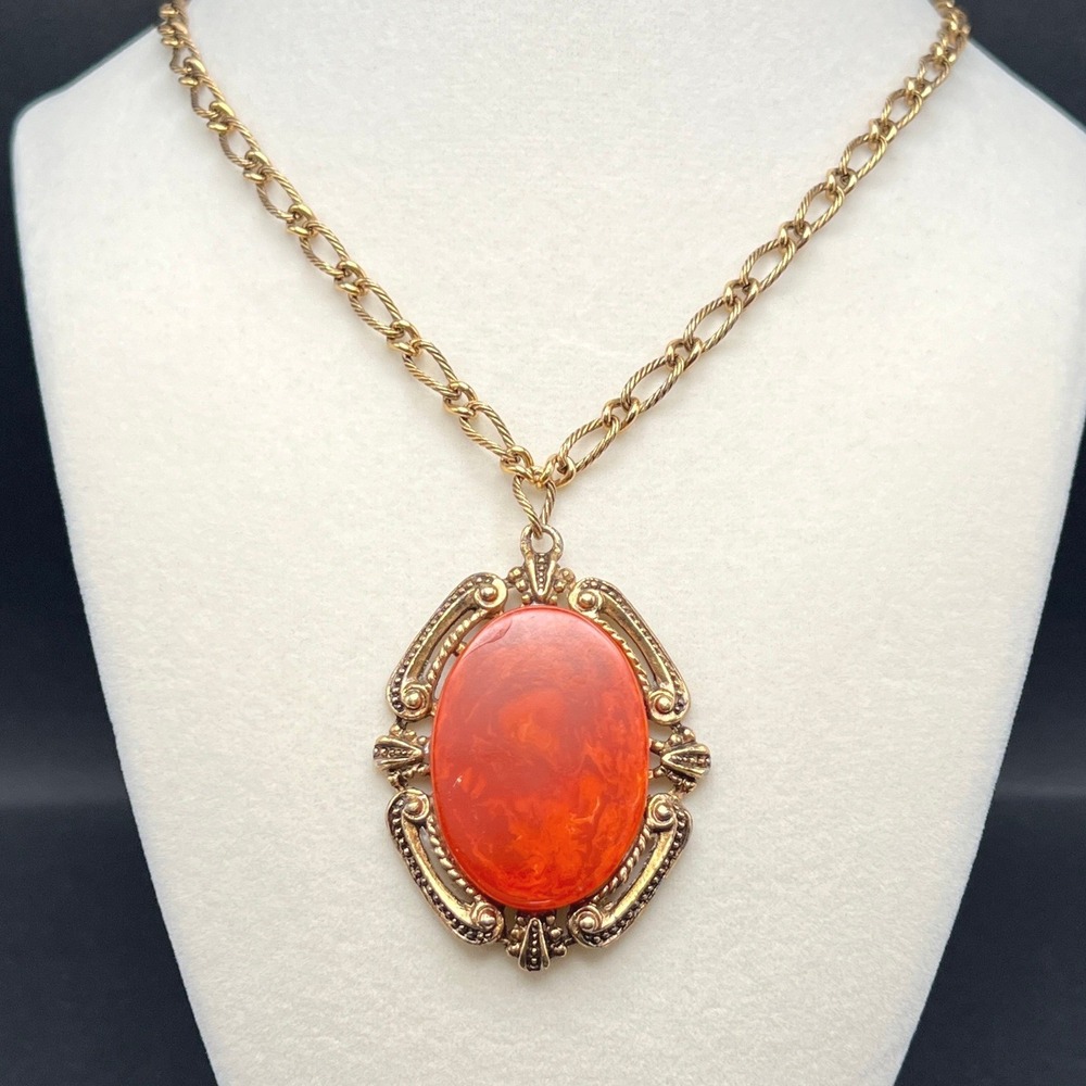 Vintage Signed Star Pendant Necklace Gold Tone Orange Resin Victorian Revival